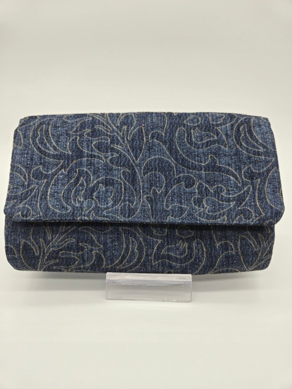 Satiny Denim Embroidered Structured Clutch Blue Fold Over NWOT